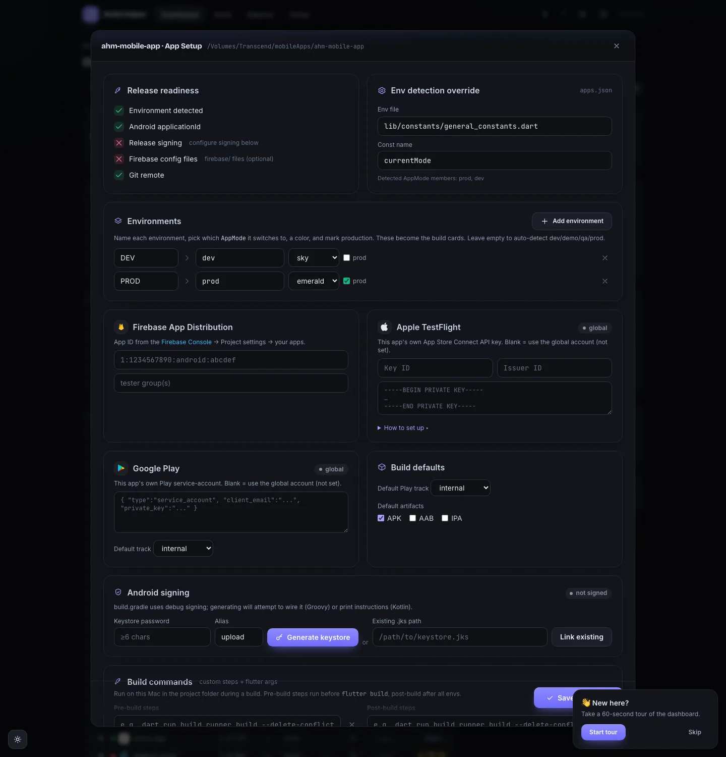 The App Setup modal — release readiness, env detection override, the environments editor, Firebase / Apple / Play accounts, build defaults, and Android signing.