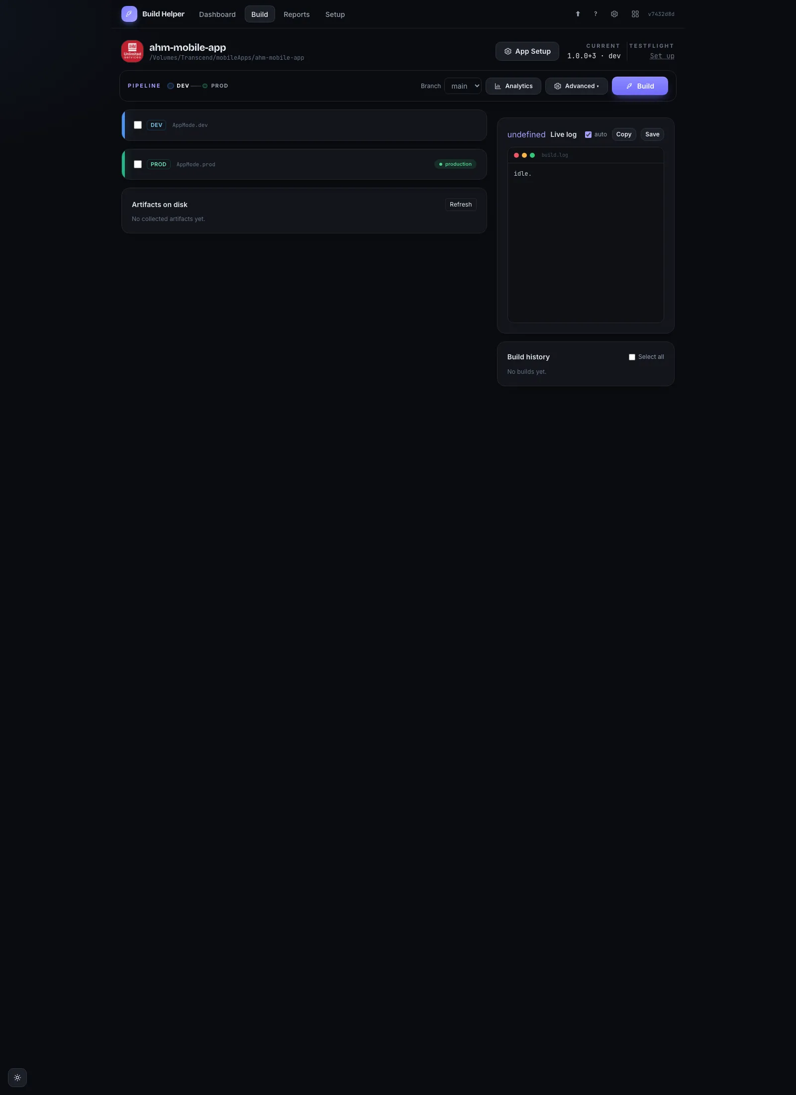 The Build screen — app icon and Current/TestFlight header, the DEV→PROD pipeline, Branch / Analytics / Advanced controls, environment cards, and the live log.