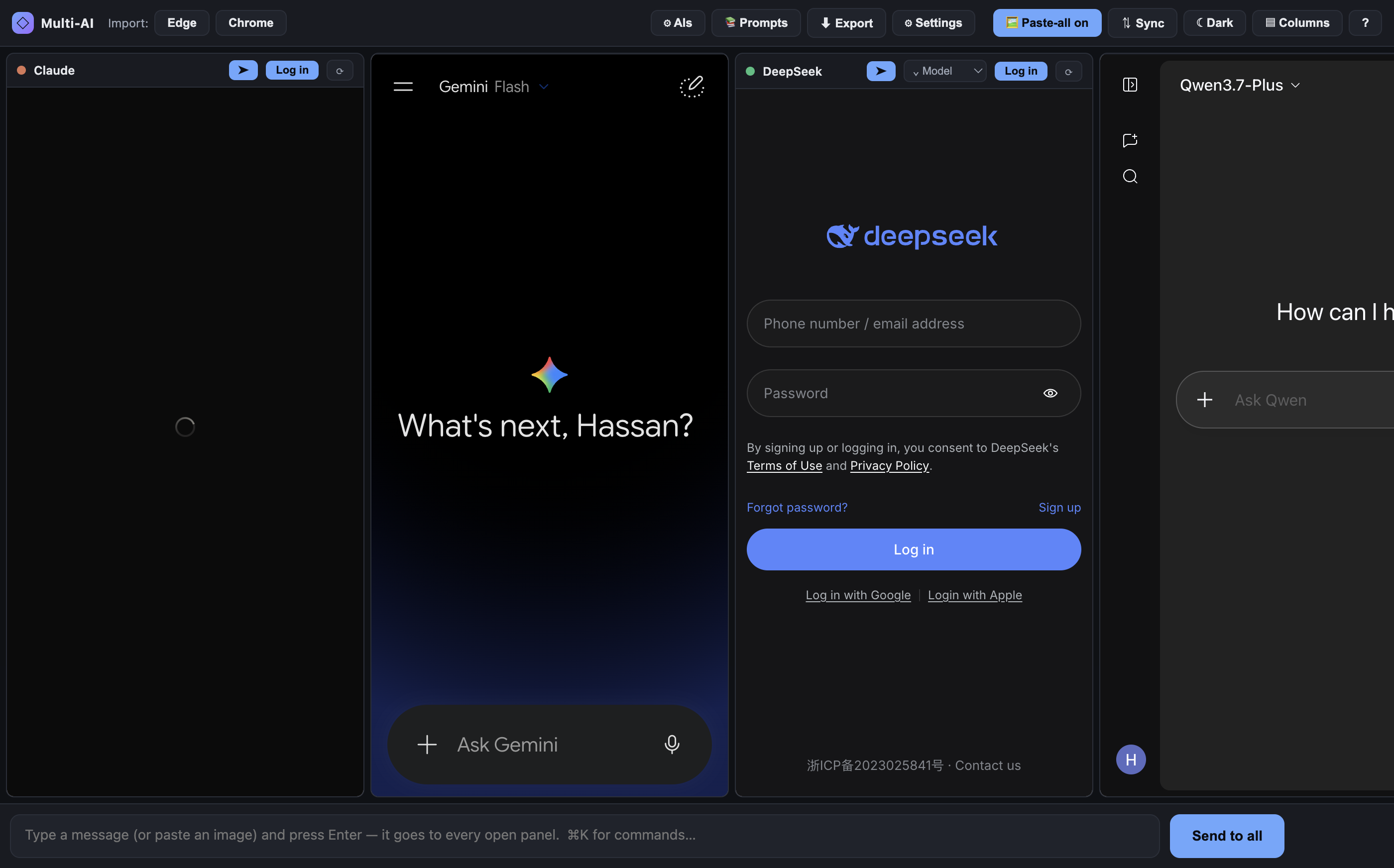 Mobile-columns view — panels side by side, scroll horizontally