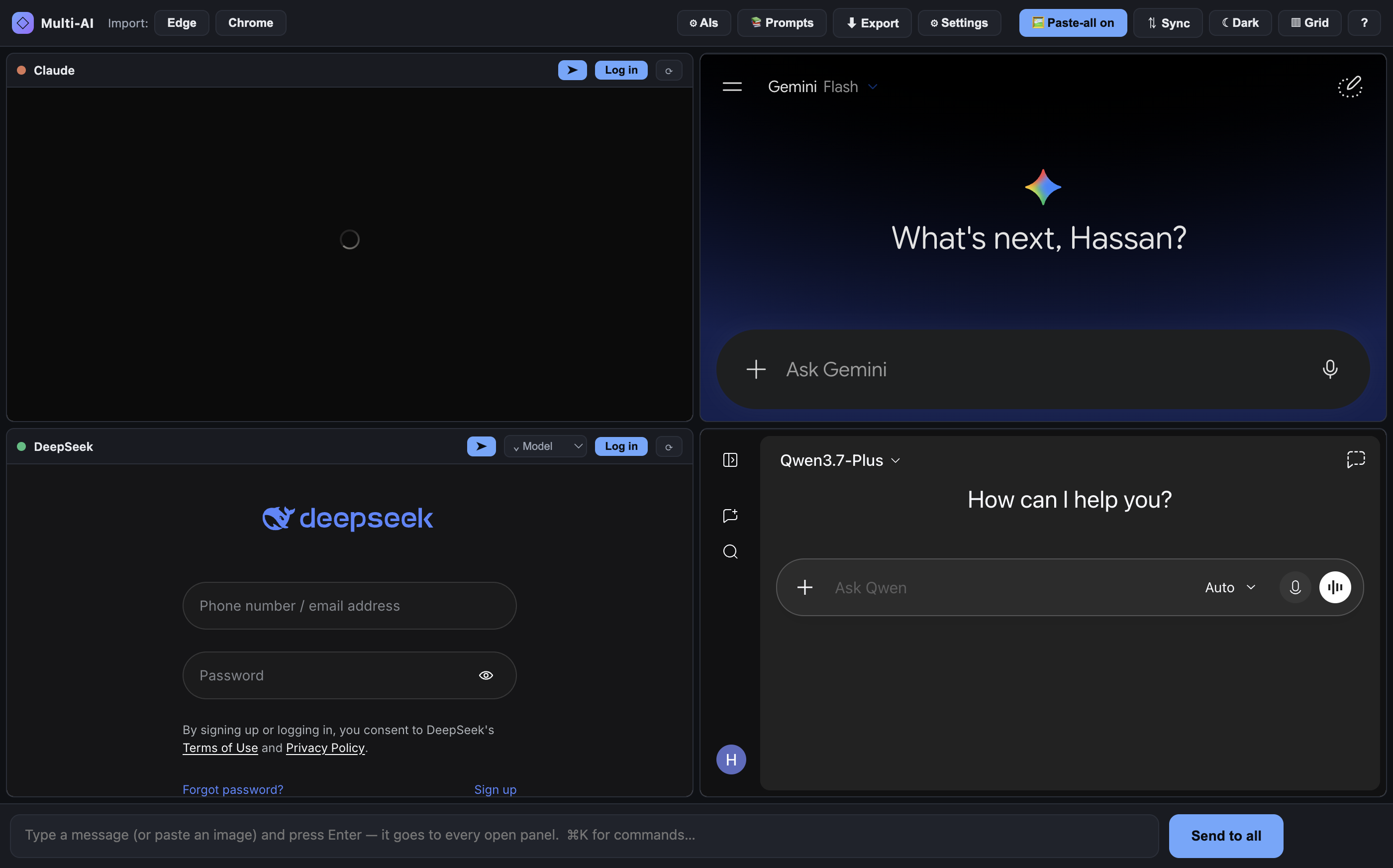 Multi-AI grid view: one prompt broadcast to Claude, Gemini, DeepSeek and Qwen side by side
