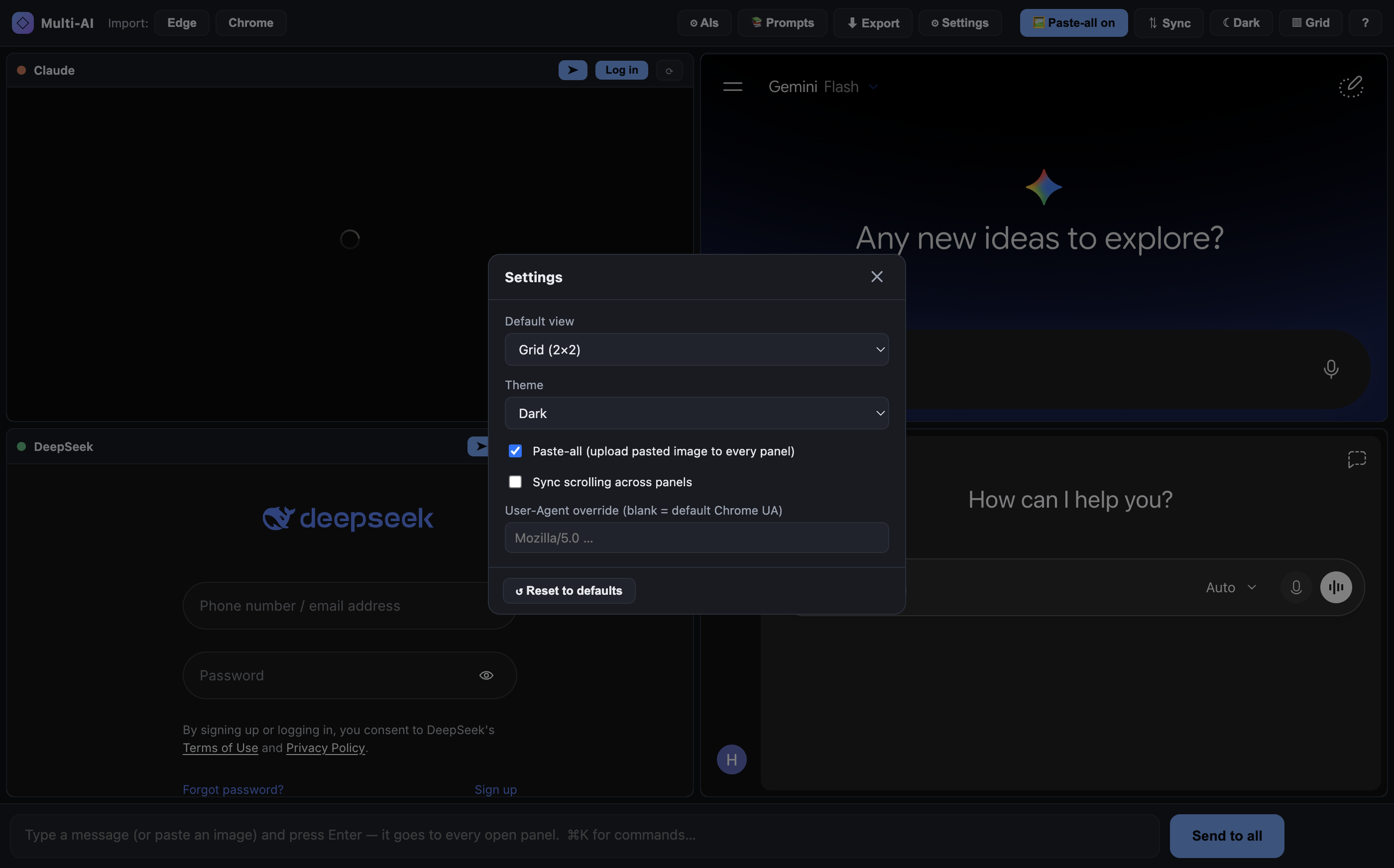Settings modal: view, theme, paste-all, sync, UA override